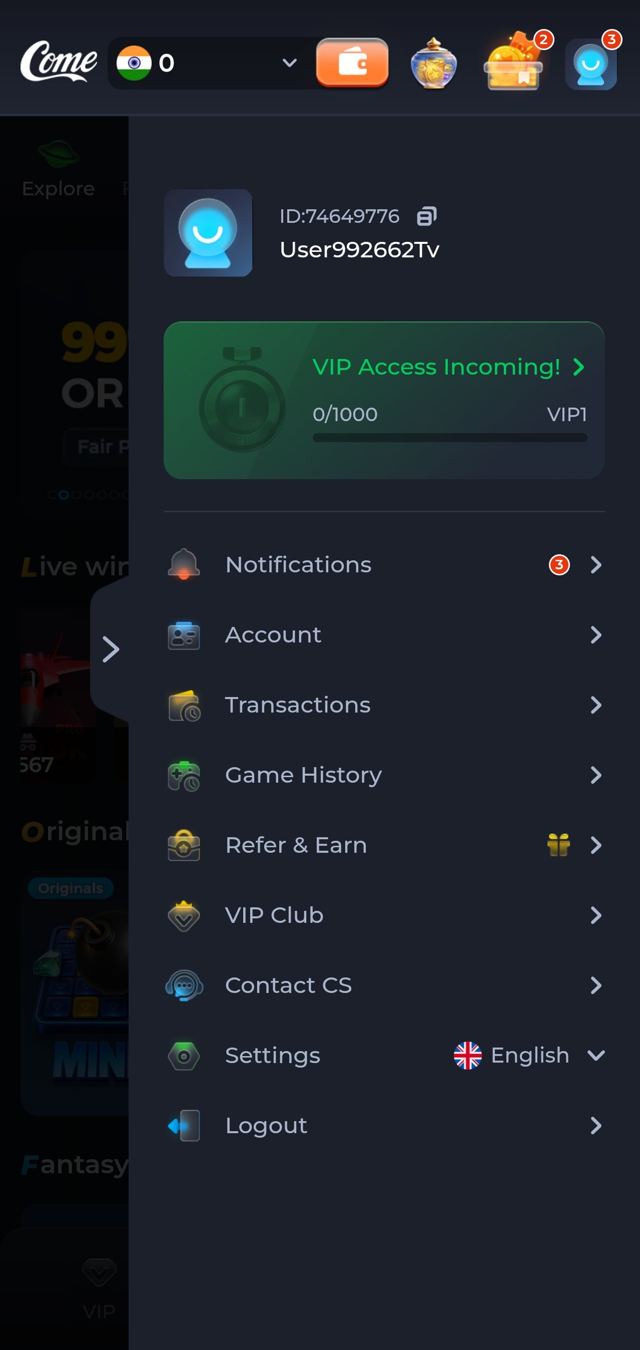 ComeGame account menu with transactions, game history and VIP club