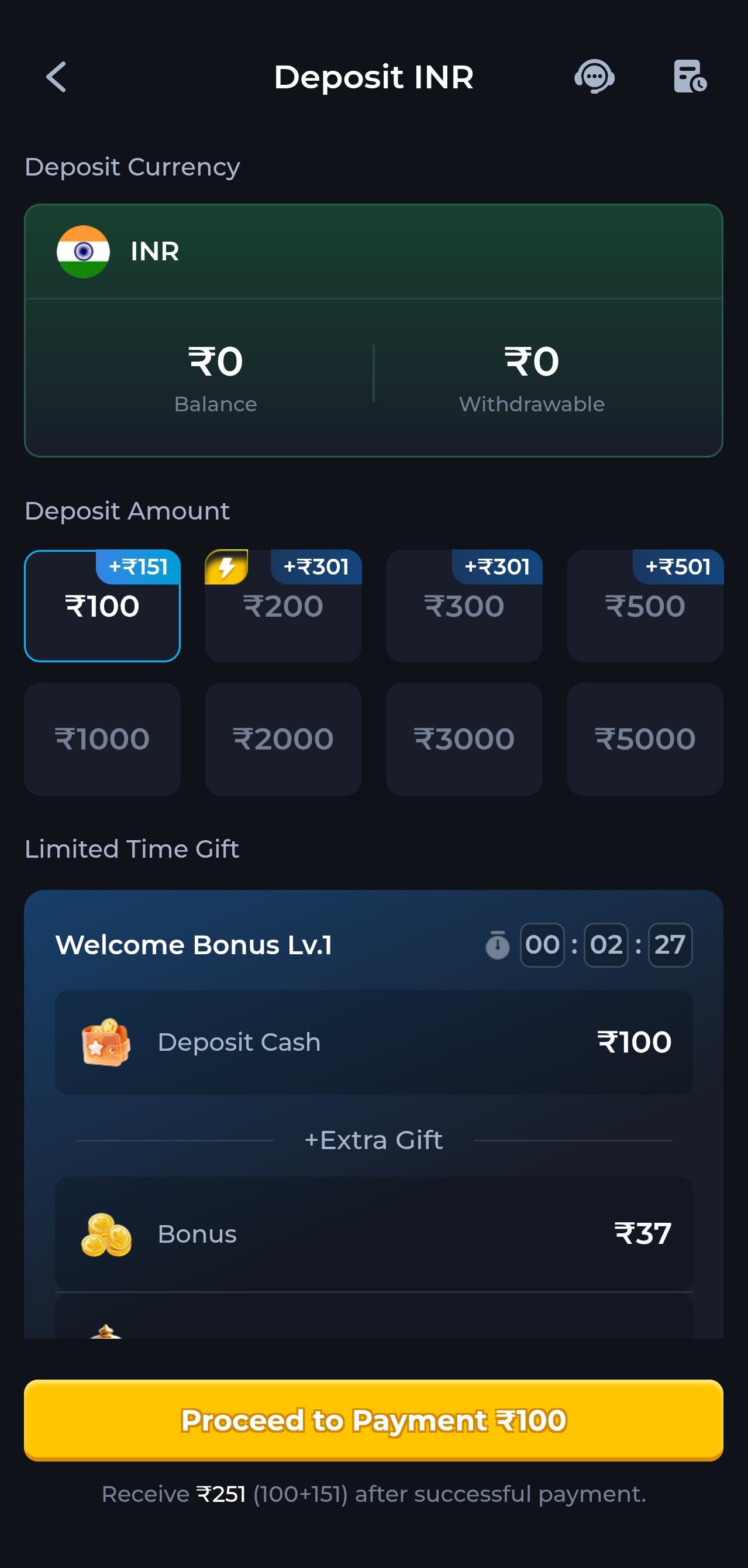 ComeGame deposit screen in Indian Rupees with welcome bonus tiers